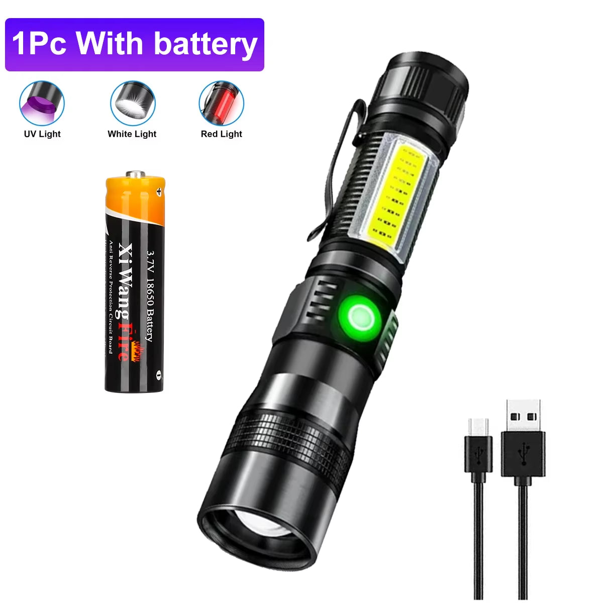 3In1 LED Flashlight with COB Sidelight Rechargeable Magnetic Torch Zoom Waterproof Ultraviolet Light Flashlight for Pets Camping