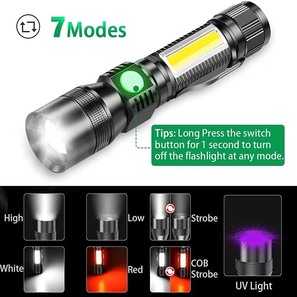 3In1 LED Flashlight with COB Sidelight Rechargeable Magnetic Torch Zoom Waterproof Ultraviolet Light Flashlight for Pets Camping