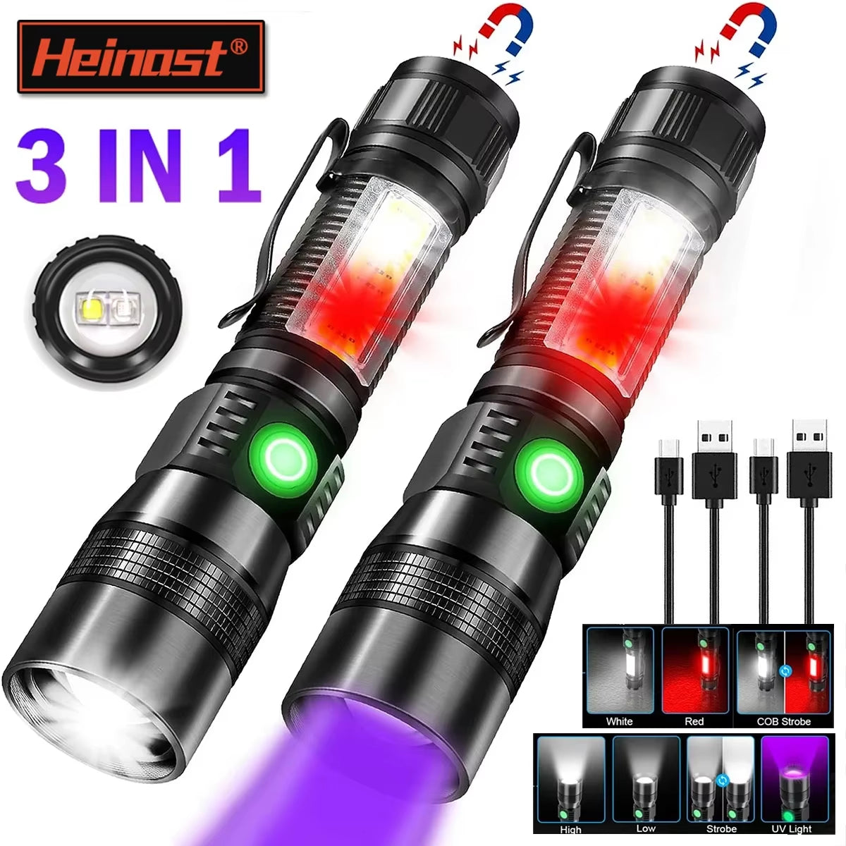 3In1 LED Flashlight with COB Sidelight Rechargeable Magnetic Torch Zoom Waterproof Ultraviolet Light Flashlight for Pets Camping