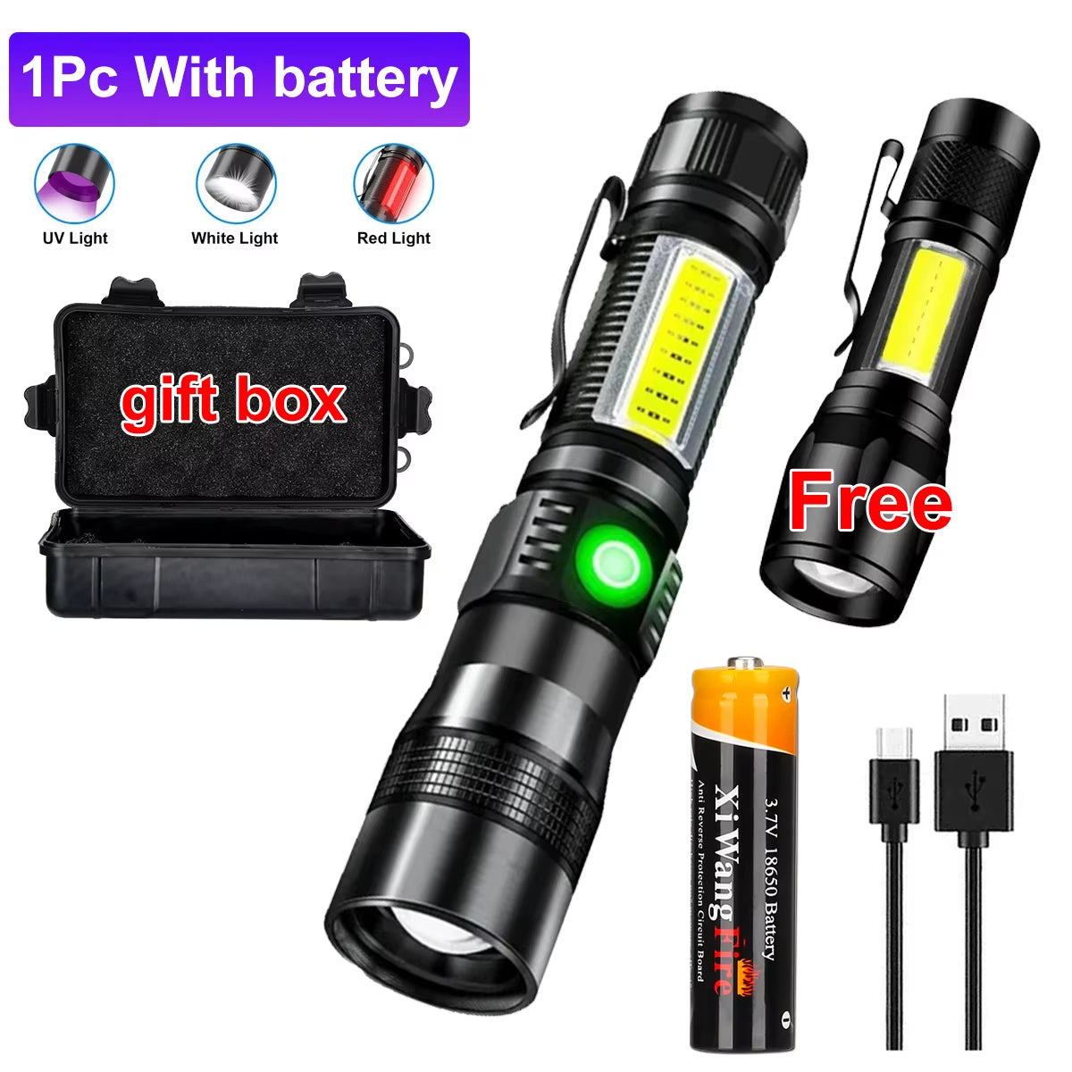 3In1 LED Flashlight with COB Sidelight Rechargeable Magnetic Torch Zoom Waterproof Ultraviolet Light Flashlight for Pets Camping
