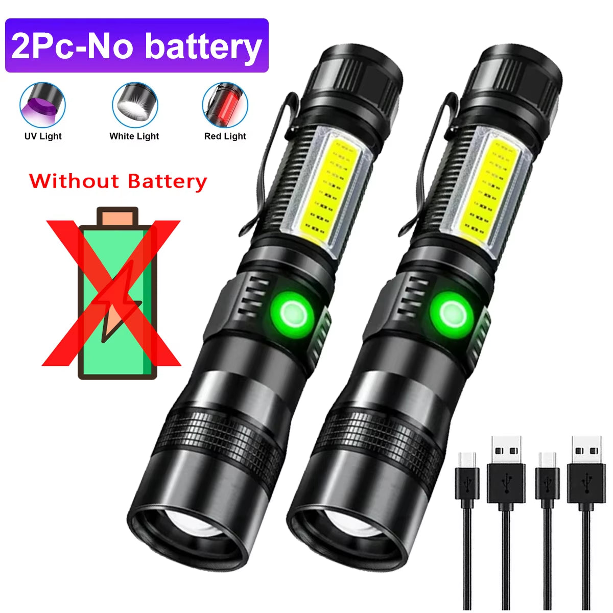 3In1 LED Flashlight with COB Sidelight Rechargeable Magnetic Torch Zoom Waterproof Ultraviolet Light Flashlight for Pets Camping