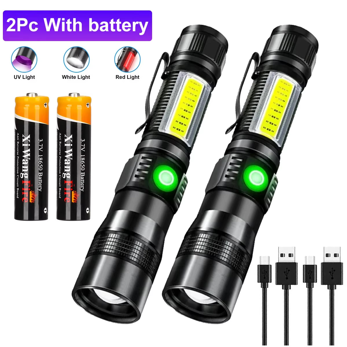 3In1 LED Flashlight with COB Sidelight Rechargeable Magnetic Torch Zoom Waterproof Ultraviolet Light Flashlight for Pets Camping