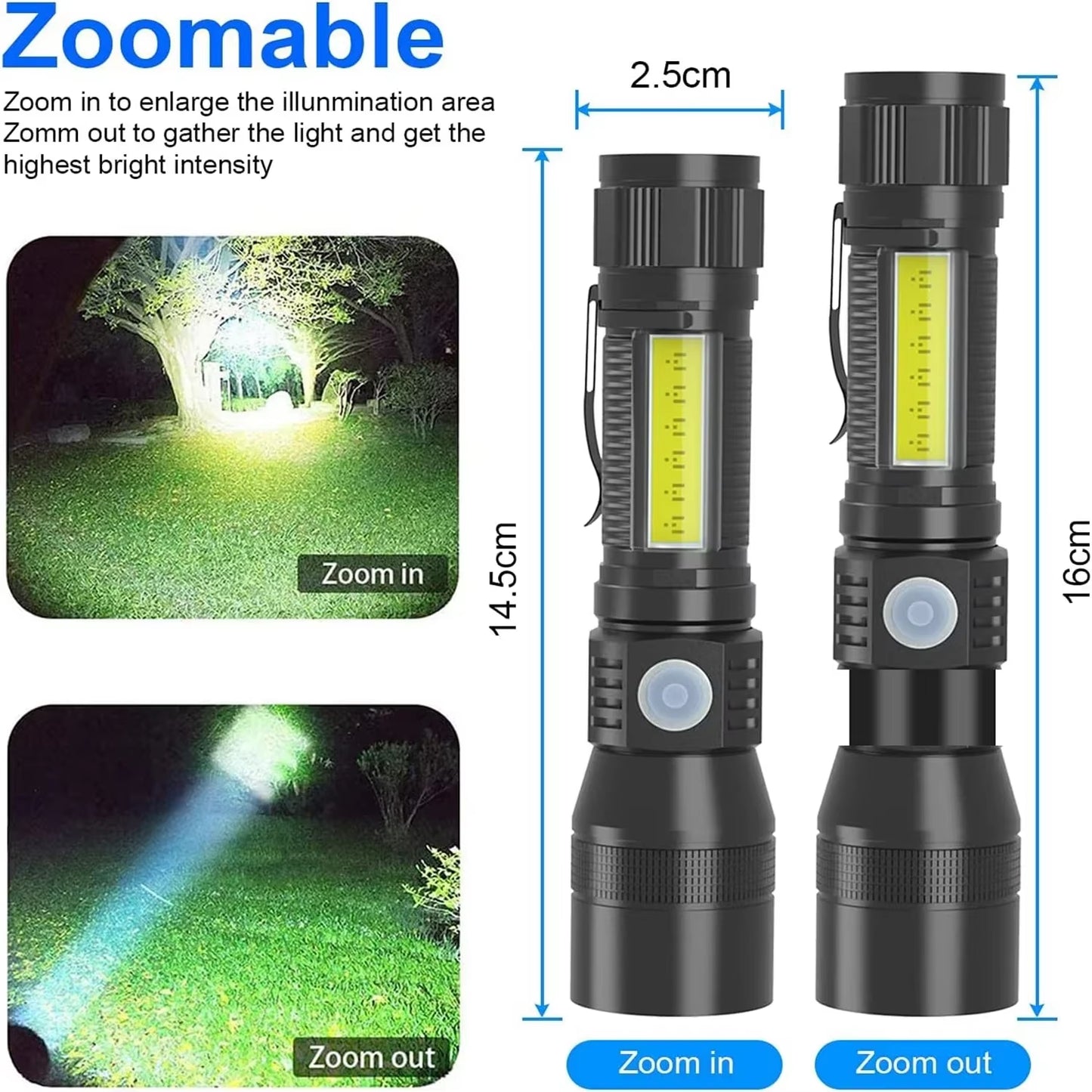 3In1 LED Flashlight with COB Sidelight Rechargeable Magnetic Torch Zoom Waterproof Ultraviolet Light Flashlight for Pets Camping