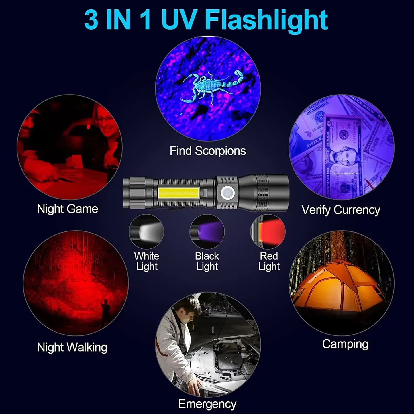 3In1 LED Flashlight with COB Sidelight Rechargeable Magnetic Torch Zoom Waterproof Ultraviolet Light Flashlight for Pets Camping