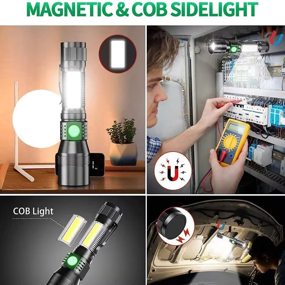 3In1 LED Flashlight with COB Sidelight Rechargeable Magnetic Torch Zoom Waterproof Ultraviolet Light Flashlight for Pets Camping