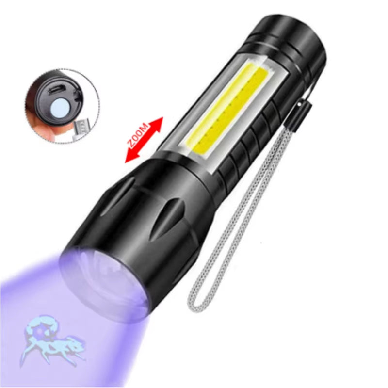 3In1 LED Flashlight with COB Sidelight Rechargeable Magnetic Torch Zoom Waterproof Ultraviolet Light Flashlight for Pets Camping