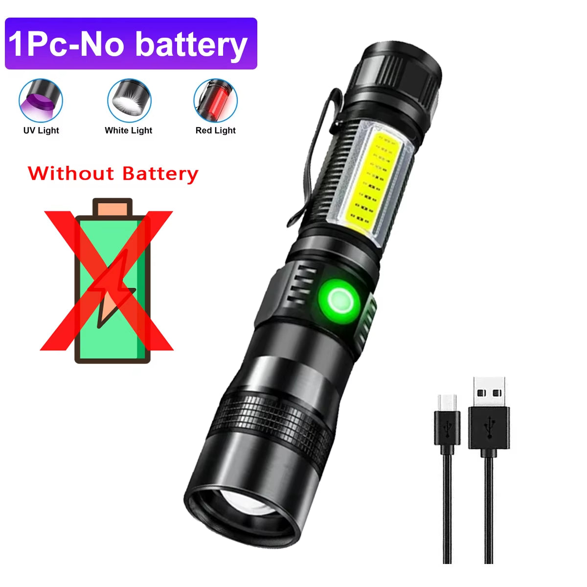 3In1 LED Flashlight with COB Sidelight Rechargeable Magnetic Torch Zoom Waterproof Ultraviolet Light Flashlight for Pets Camping