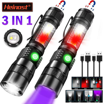 3In1 LED Flashlight with COB Sidelight Rechargeable Magnetic Torch Zoom Waterproof Ultraviolet Light Flashlight for Pets Camping