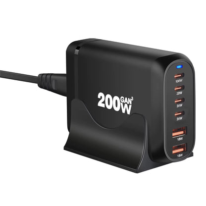 New 200W Gan Desktop Charger 6-Port USB Type C PD Charger Fast Charge 3.0 Fast Charger Mobile USB Charger
